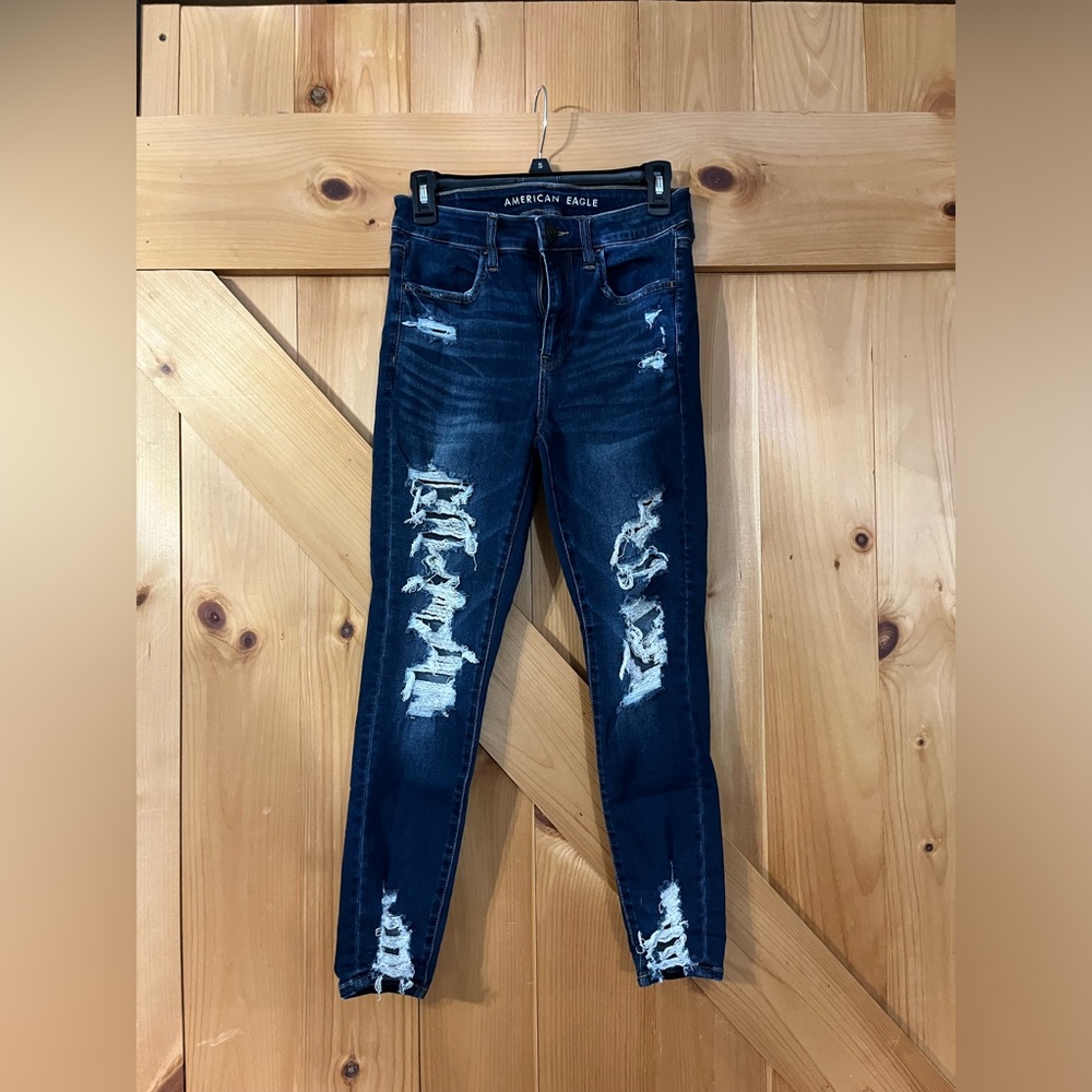 American Eagle dark wash ripped jeans.